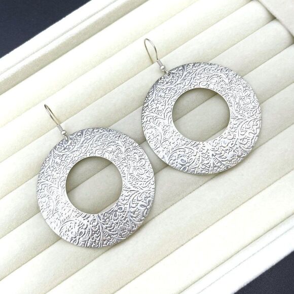 Silver Cut Out Round Floral Embossed Textured Open Hoop Dangling Hook Earrings - Picture 5 of 8